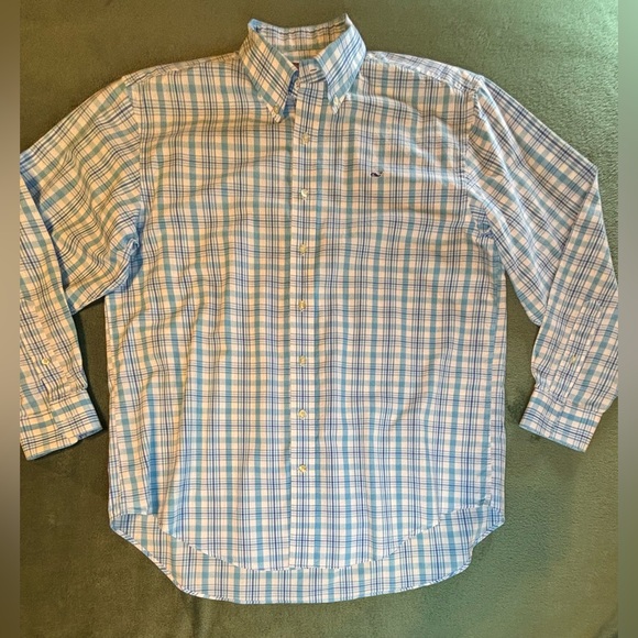 Vineyard Vines Light Blue and White Checkered Whale Shirt, Size: L. (6024) - Picture 2 of 9